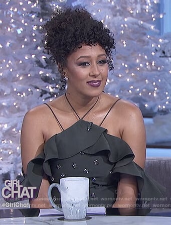 Tamera’s green ruffle embellished dress on The Real