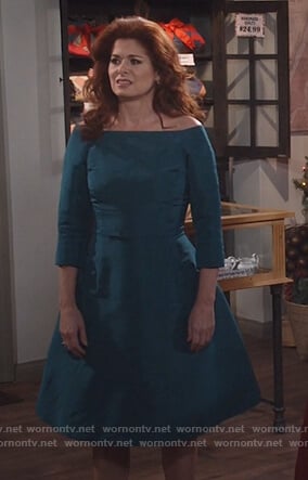 Grace’s green off shoulder belted dress on Will and Grace