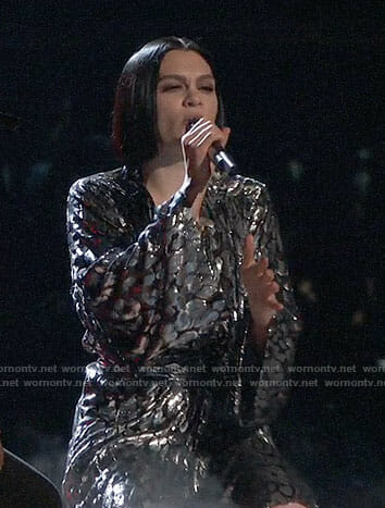 Jessie J’s silver velvet wrap dress on The Voice