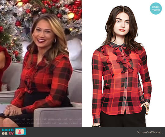 Woodland Plaid Crinkle Chiffon Blouse by Kate Spade worn by Ginger Zee on Good Morning America