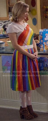 Kimmy's rainbow top and skirt on Fuller House