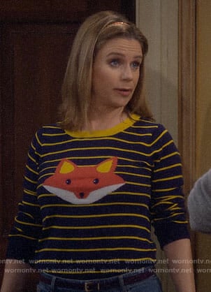 Kimmy's striped fox sweater, embroidered jeans and cat flats on Fuller House