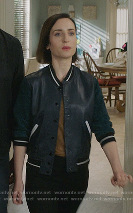 Jen’s black and green varsity jacket on Life in Pieces