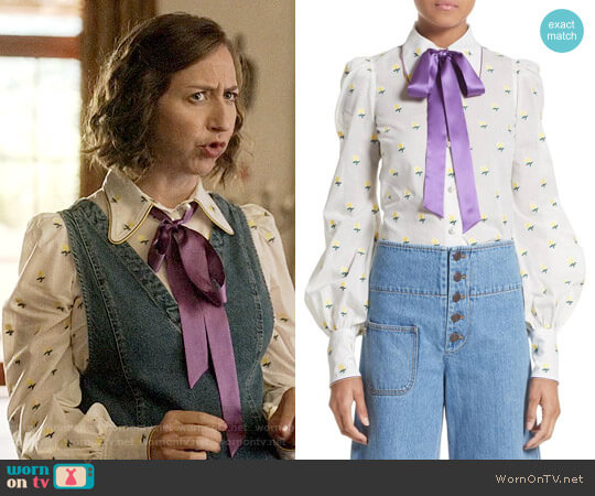 Marc Jacobs Rose Fil Coupé Bishop Sleeve Blouse worn by Carol Pilbasian (Kristen Schaal) on Last Man On Earth