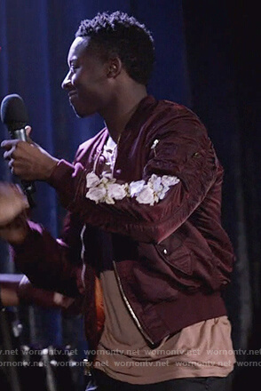 Courtney’s maroon floral embroidered bomber jacket on The Mayor