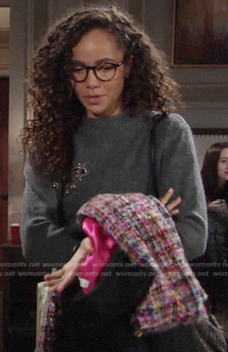 Mattie’s grey embellished sweater, lace-up skirt and tweed scarf on The Young and the Restless