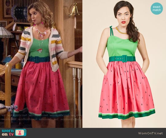 ModCloth Collectif Abide by Timeless Fit and Flare Dress in Watermelon worn by Kimmy Gibbler (Andrea Barber) on Fuller House