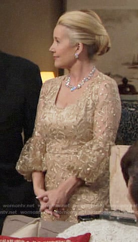 Nikki's gold embroidered dress on The Young and the Restless