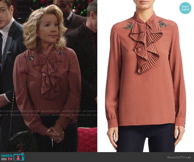 No. 21 Ruffled Trim Blouse worn by Nikki Reed Newman (Melody Thomas-Scott) on The Young and the Restless