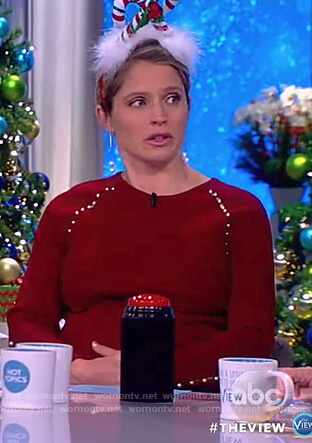 Sara’s red pearl embellished top on The View