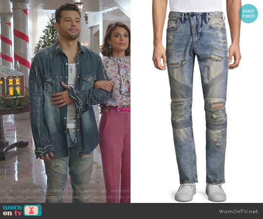 Le Sabre Slim Fit Moto Jeans by PRPS worn by Sam Flores (Rafael de la Fuente) on Dynasty