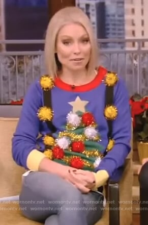 Kelly’s blue christmas tree sweater on Live with Kelly and Ryan