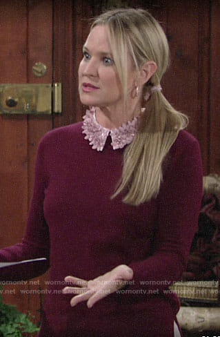 Sharon’s burgundy sweater with pink floral collar on The Young and the Restless