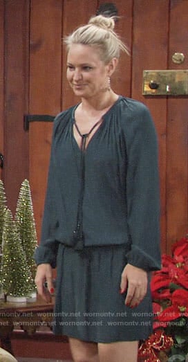 Sharon’s green long sleeved dress with tassels on The Young and the Restless