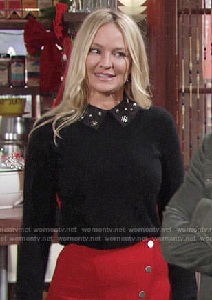 Sharon's black embellished collar sweater and red button front skirt on The Young and the Restless