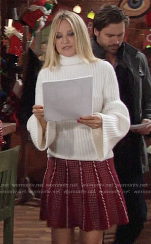 Sharon's white bell-sleeve sweater and red dotted skirt on The Young and the Restless