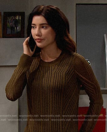 Steffy’s olive green pointelle sweater on The Bold and the Beautiful