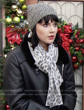 Tessa’s black leather jacket and leopard print scarf on The Young and the Restless