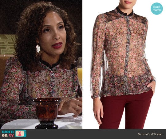 The Kooples Lace Trim Floral Print Silk Shirt worn by Lily Winters (Christel Khalil) on The Young and the Restless