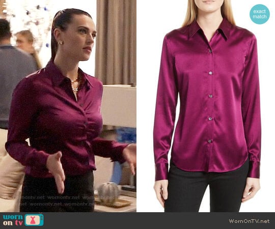 Theory Perfect Fitted Stretch Satin Shirt in Electric Pink worn by Lena Luthor (Katie McGrath) on Supergirl