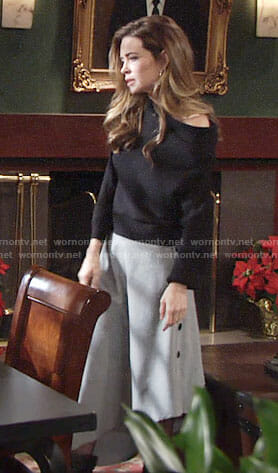 Victoria's grey midi skirt with side buttons and black off-shoulder top  on The Young and the Restless