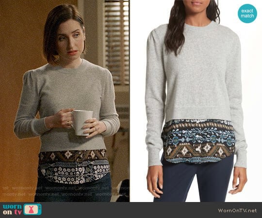 Jenson Layered Hem Cashmere Sweater by Veronica Beard worn by Jennifer Short (Zoe Lister-Jones) on Life in Pieces