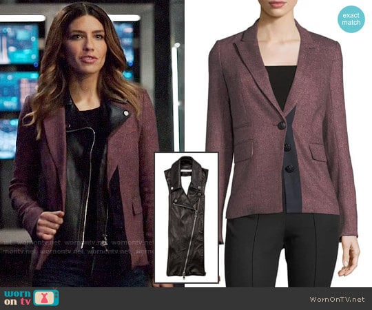 Veronica Beard Sterling Placket Herringbone Tailored Jacket with Leather Dickey worn by Dinah Drake (Juliana Harkavy) on Arrow