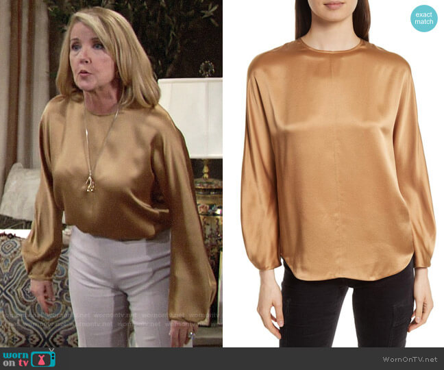 Vince Split Back Silk Blouse worn by Nikki Reed Newman (Melody Thomas-Scott) on The Young & the Restless