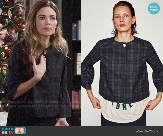 Zara Checked Blazer with Bell Sleeves worn by Victoria Newman (Amelia Heinle) on The Young and the Restless