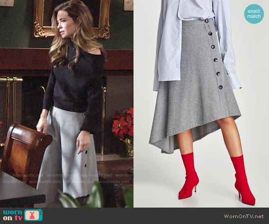 Zara Asymmetric Skirt with Side Buttons worn by Victoria Newman (Amelia Heinle) on The Young and the Restless