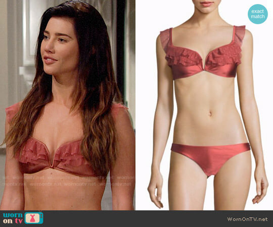 Zimmermann Corsair Shoulder Frill Bikini Set in Vintage Rose worn by Steffy Forrester (Jacqueline MacInnes Wood) on The Bold and the Beautiful