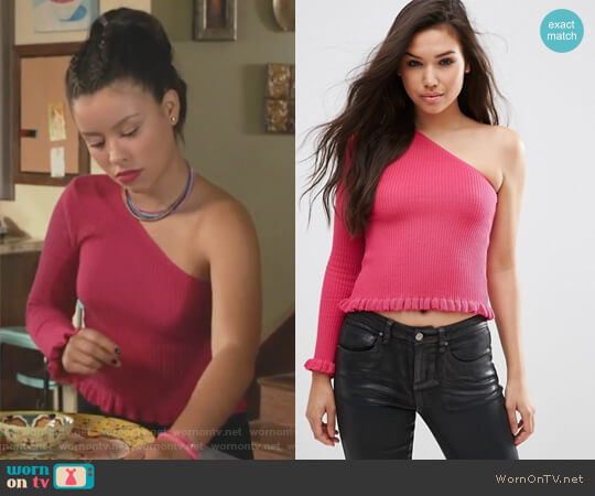 One Shoulder Sweater in Rib with Ruffle Hem by ASOS worn by Mariana Foster (Cierra Ramirez) on The Fosters