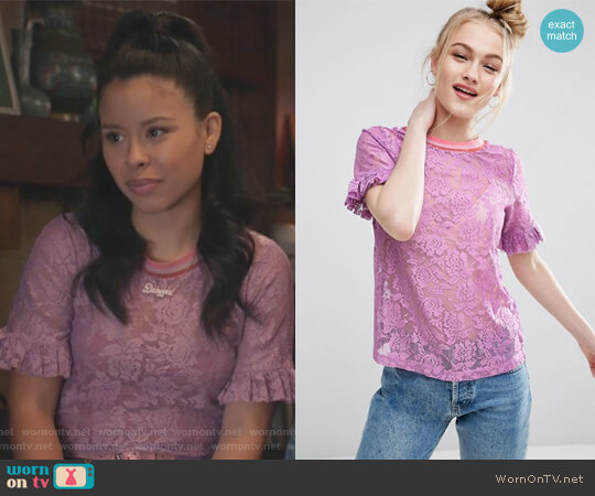 T-Shirt in Lace with Ruffle Sleeve and Stripe Tipping by ASOS worn by Mariana Foster (Cierra Ramirez) on The Fosters