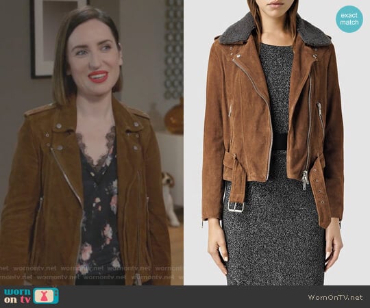 Suede Western Biker Jacket by All Saints worn by Jennifer Short (Zoe Lister-Jones) on Life in Pieces