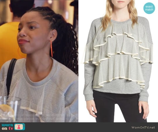 Mesh Ruffle Sweatshirt by Chelsea28 worn by Jazlyn Forster (Chloe Bailey) on Grown-ish