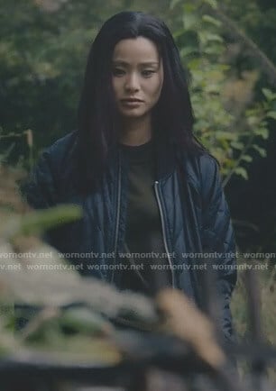 Clarice's navy quilted bomber jacket on The Gifted