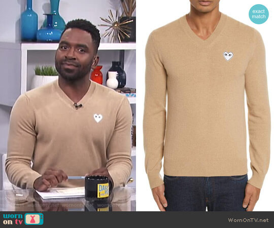 PLAY White Heart Wool V-Neck Sweater by Comme Des Garçons Play worn by Justin Sylvester  on E! News