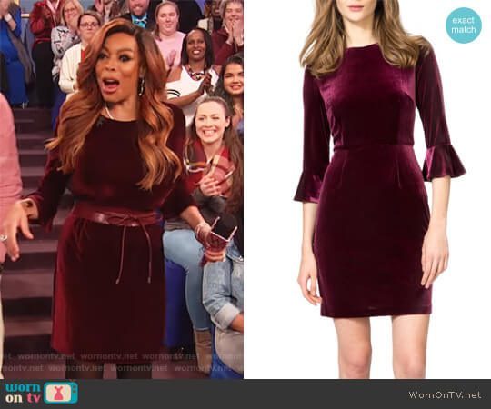 Three-Quarter Bell Sleeve Velvet Sheath Dress by Donna Morgan worn by Wendy Williams on The Wendy Williams Show