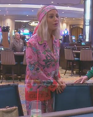 Dorit's pink floral pajamas and scarf on The Real Housewives of Beverly Hills