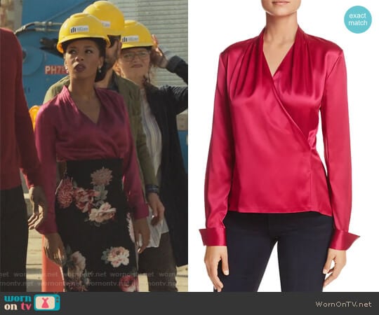 Shelly Faux-Wrap Silk Top by Elie Tahari worn by Catherine Wilder (Angel Parker) on Marvels Runaways