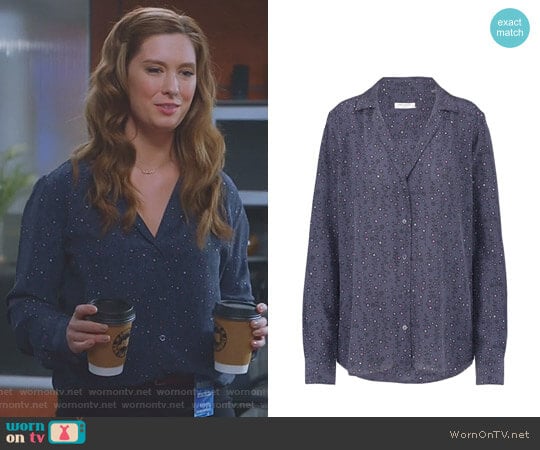 'Adalyn' Silk Top in Blue Mood by Equipment worn by Katherine Wendelson (Briga Heelan) on Great News