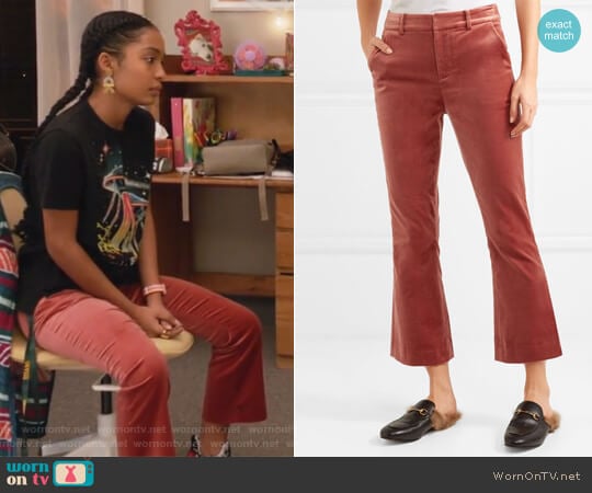 Cropped cotton-blend velvet flared pants by Frame worn by Zoey Johnson (Yara Shahidi) on Grown-ish