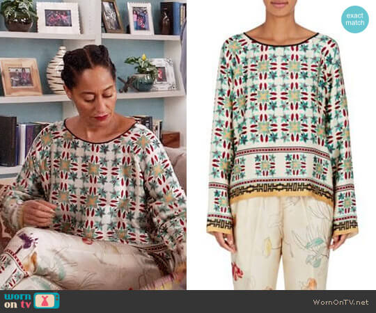 Giada Forte Azulejo Floral Cotton-Silk Blouse worn by Rainbow Johnson (Tracee Ellis Ross) on Black-ish