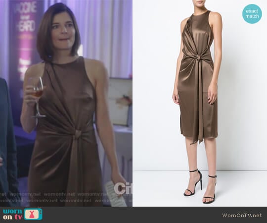 Tie Knot Detail Dress by Halstson Heritage worn by Heather Hughes (Betsy Brandt) on Life in Pieces