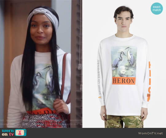 White Long Sleeved Printed T-shirt by Heron Preston worn by Zoey Johnson (Yara Shahidi) on Grown-ish