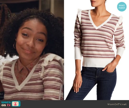 V-Neck Long Sleeve Striped Wool Blend Sweater by Joie worn by Zoey Johnson (Yara Shahidi) on Grown-ish