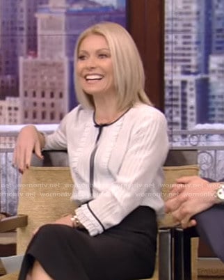 Kelly's white pleated tie blouse on Live with Kelly and Ryan