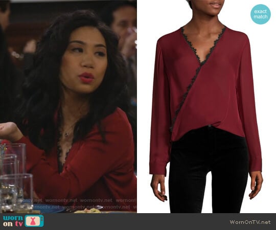 Rosario Lace Trimmed Silk Top by L'Agence worn by Eve Roberts (Liza Lapira) on 9JKL