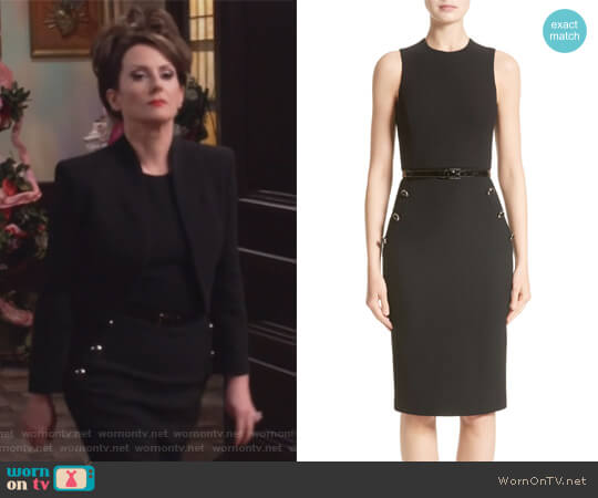 Belted Stretch Bouclé Crepe Sheath Dress by Michael Kors worn by Karen Walker (Megan Mullally) on Will and Grace