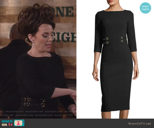 Leather-Trim Boucle Crepe Sheath Dress by Michael Kors worn by Karen Walker (Megan Mullally) on Will and Grace